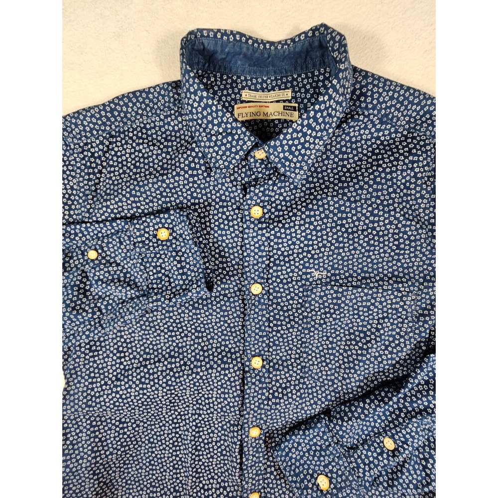 Flying Machine Mens Small Floral Micro Print Button Down Shirt‎ Blue  Cotton